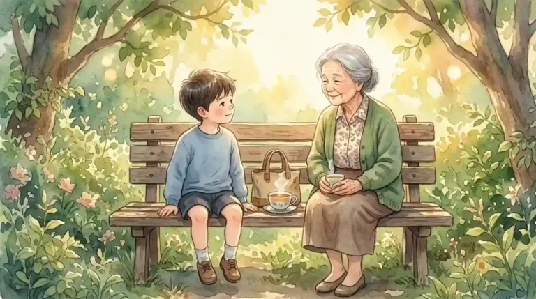 Ilustrasi cat air seorang bocah lelaki dan nenek duduk santai di bangku taman, menikmati momen hangat bersama.