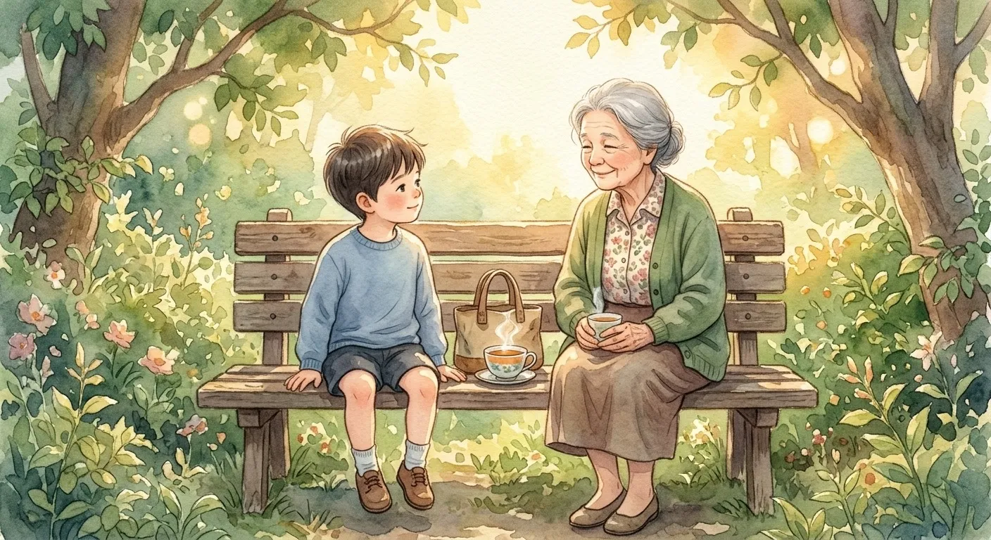 Ilustrasi cat air seorang bocah lelaki dan nenek duduk santai di bangku taman, menikmati momen hangat bersama.