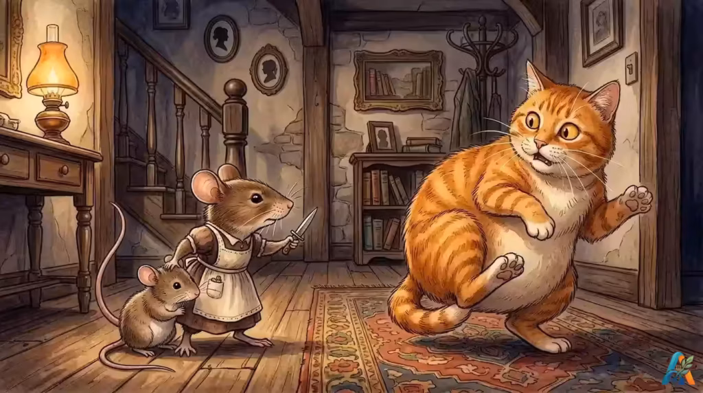 Ilustrasi sastra klasik: Induk tikus berani melindungi anaknya dengan belati dari seekor kucing oranye besar yang kaget di lorong rumah tua yang hangat