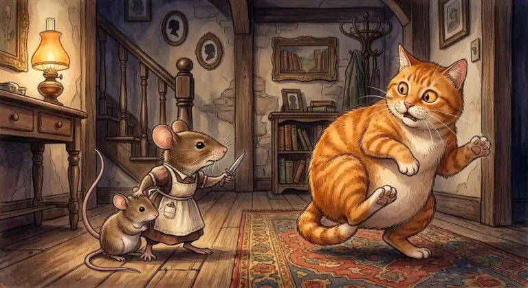 Ilustrasi sastra klasik: Induk tikus berani melindungi anaknya dengan belati dari seekor kucing oranye besar yang kaget di lorong rumah tua yang hangat