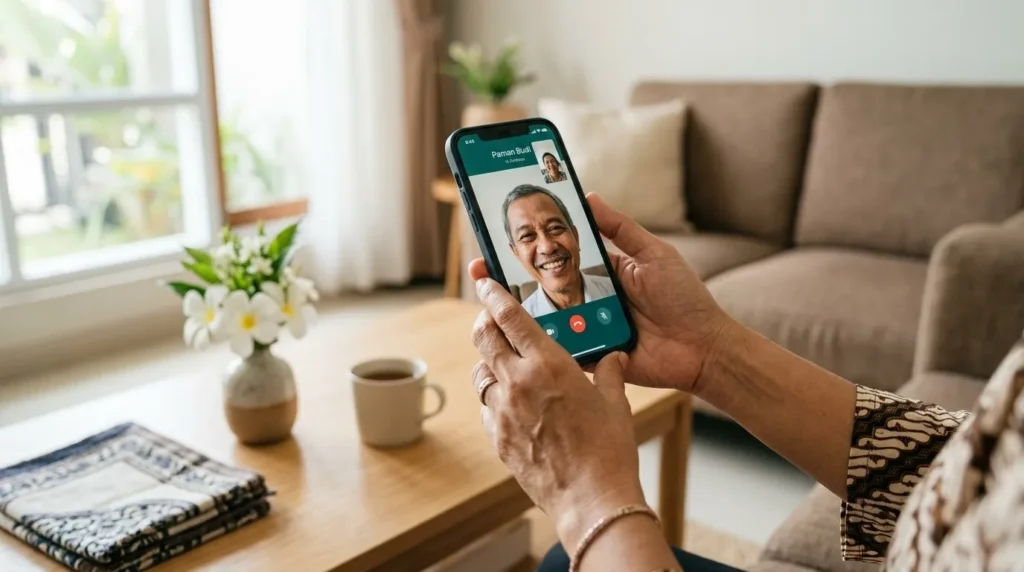 ua tangan memegang smartphone saat melakukan video call sebagai bentuk silaturahim virtual di hari lebaran, melambangkan kasih sayang di tengah pembatasan fisik