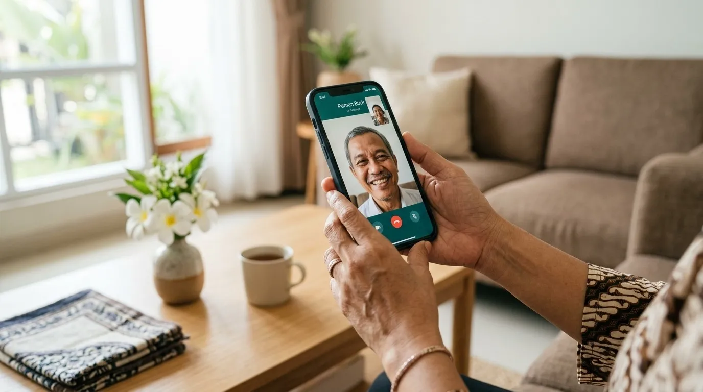 ua tangan memegang smartphone saat melakukan video call sebagai bentuk silaturahim virtual di hari lebaran, melambangkan kasih sayang di tengah pembatasan fisik