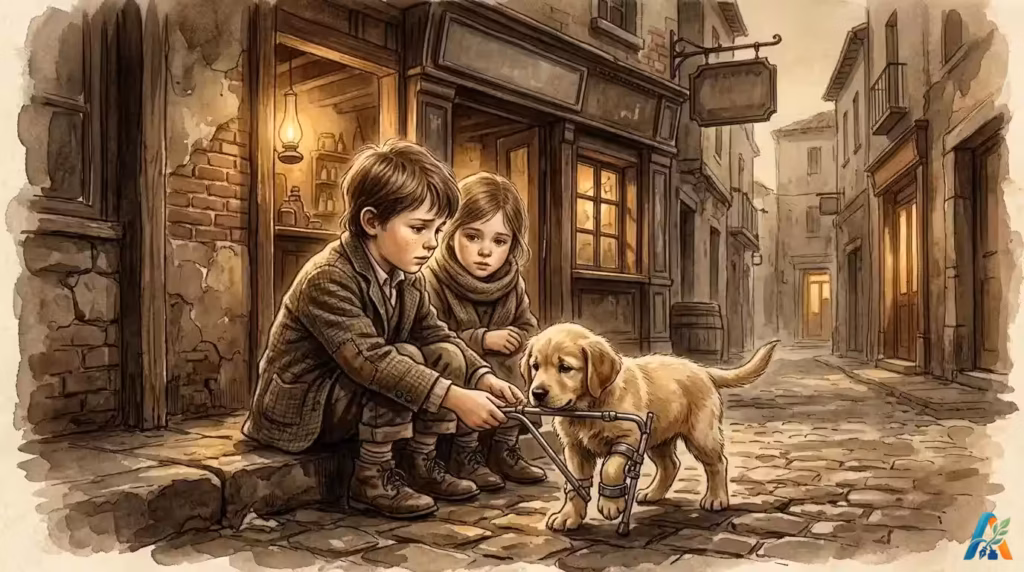 Ilustrasi artistik anak membantu anak anjing yang terluka dengan penyangga kaki di depan kedai tua bernuansa vintage