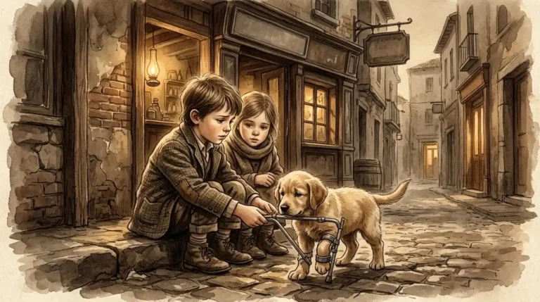 Ilustrasi artistik anak membantu anak anjing yang terluka dengan penyangga kaki di depan kedai tua bernuansa vintage