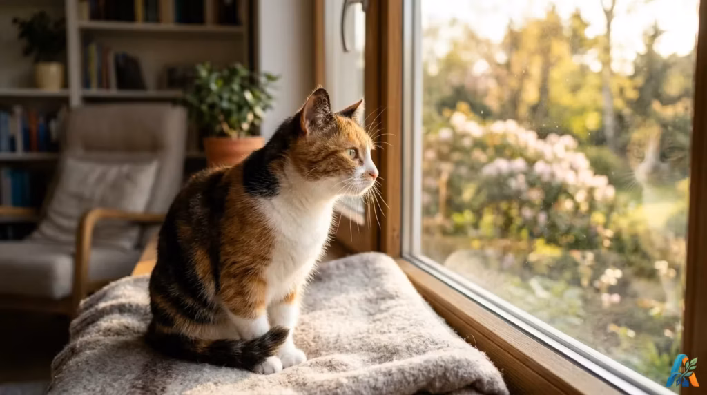 Foto realistis kucing domestik duduk tenang di dekat jendela, menatap ke luar di tengah cahaya alami sore yang damai