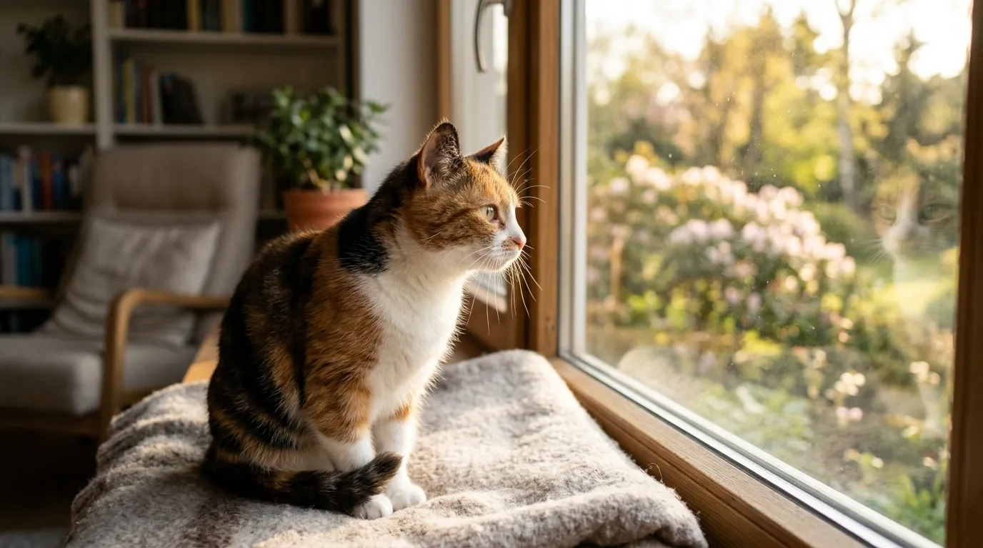Foto realistis kucing domestik duduk tenang di dekat jendela, menatap ke luar di tengah cahaya alami sore yang damai