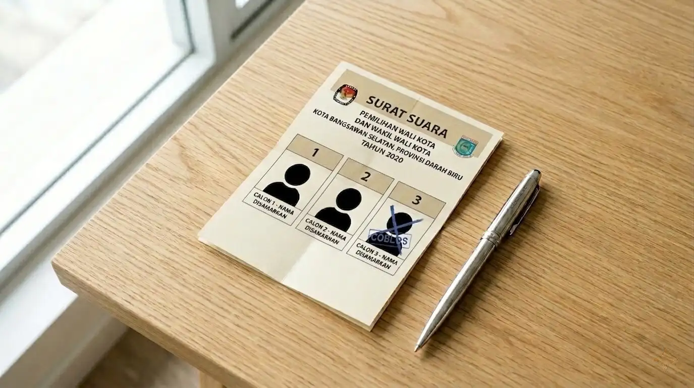 Kertas suara yang telah dicoblos di atas meja kayu minimalis, melambangkan sikap politik rakyat dalam melawan politik dinasti