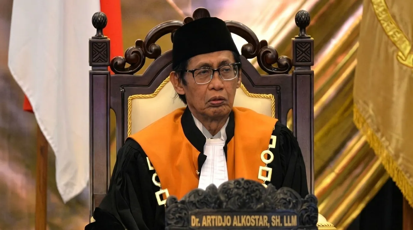 Dr. Artidjo Alkostar, S.H., LL.M., duduk di kursi hakim mengenakan toga kebesaran dengan latar belakang bendera dan dekorasi formal