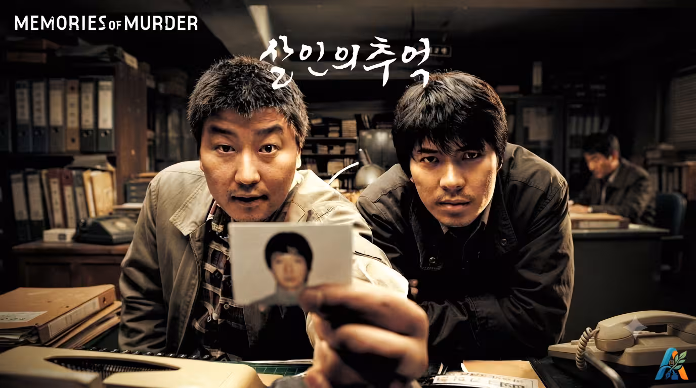 Poster film Korea 'Memories of Murder' menampilkan dua detektif pria di kantor polisi yang suram, salah satunya memegang foto korban.