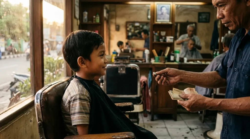 Seorang bocah lelaki terlihat tenang di kedai pangkas rambut tua, menyimpan rahasia kecerdasan di balik pilihannya yang sederhana