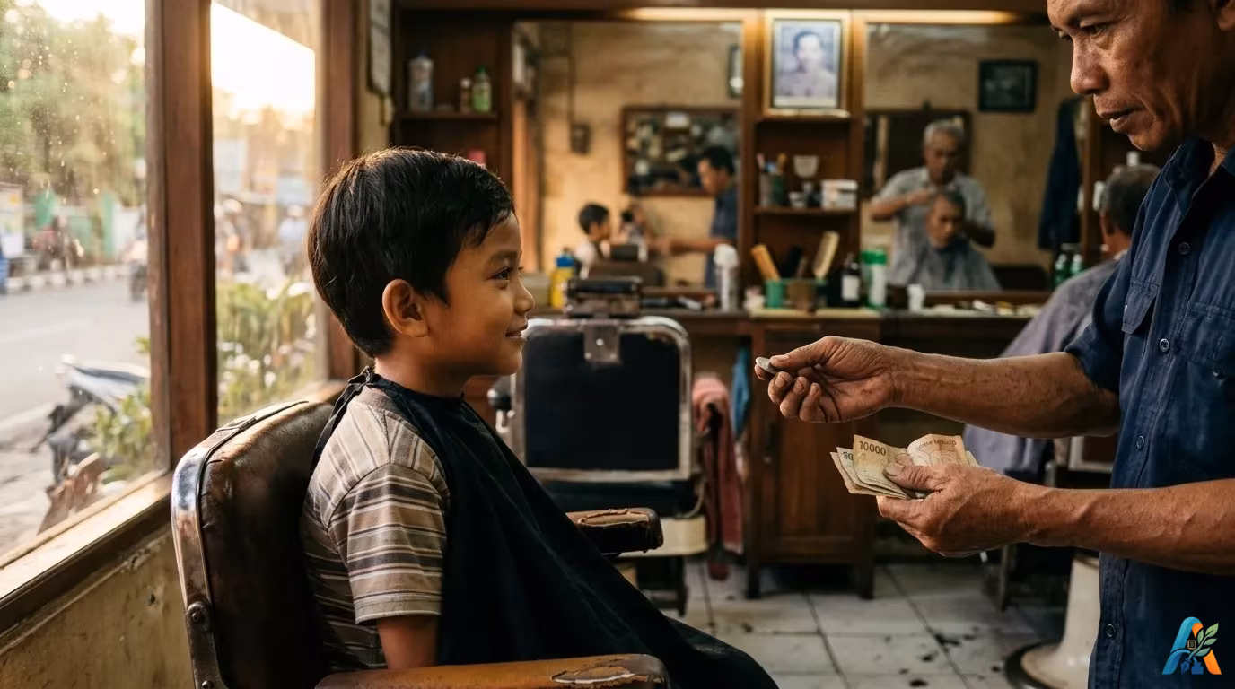 Seorang bocah lelaki terlihat tenang di kedai pangkas rambut tua, menyimpan rahasia kecerdasan di balik pilihannya yang sederhana