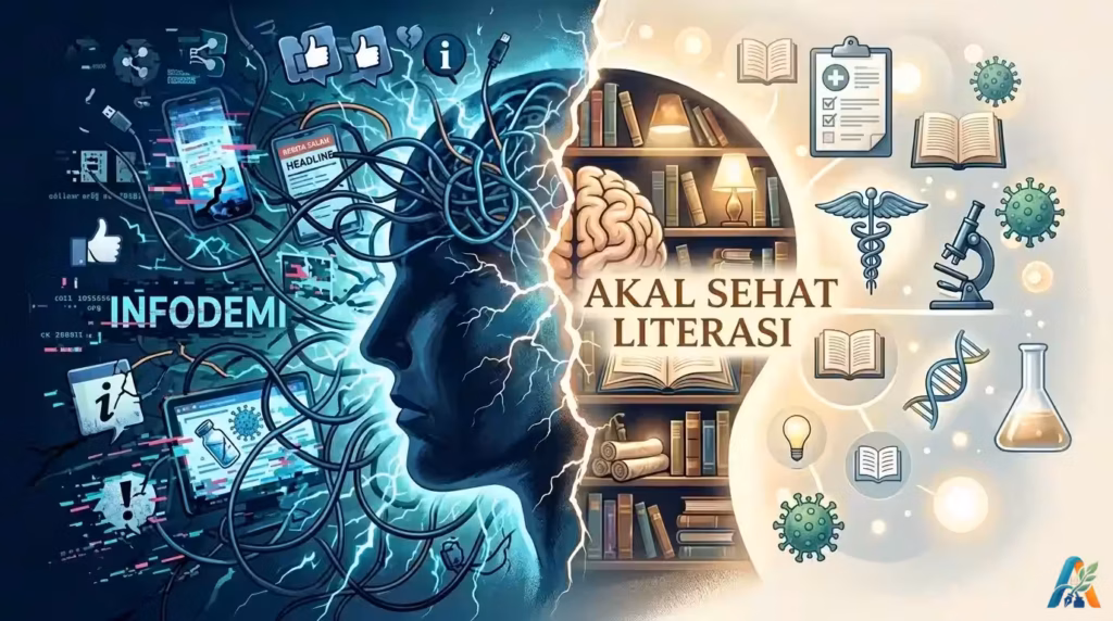 Ilustrasi konseptual tentang bahaya disinformasi dan hoaks COVID-19 dalam menghadapi pandemi global.