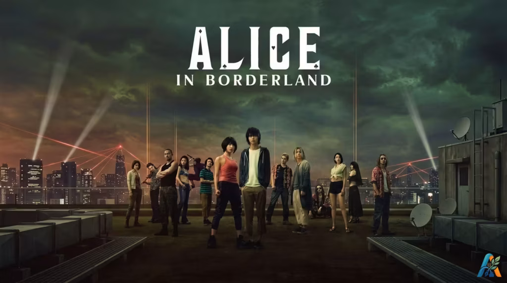 Sekelompok pemain terjebak di dunia permainan mematikan dalam poster resmi serial Netflix "Alice in Borderland", menampilkan Ryohei Arisu dan Yuzuha Usagi memimpin tim mereka di atas atap kota yang dipenuhi laser merah.
