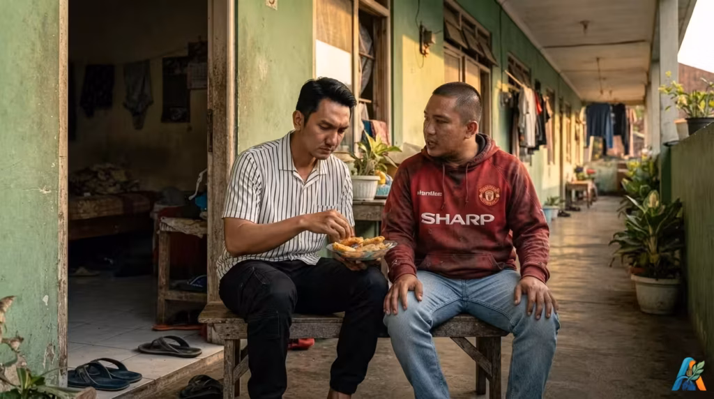 Jaka dan Tirta duduk di bangku koridor kos. Tirta makan gorengan, Jaka berbicara.