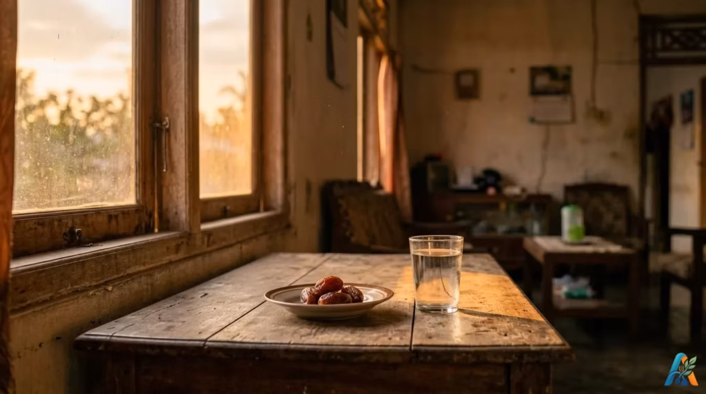 Tiga butir kurma dan segelas air putih di atas meja kayu klasik saat senja, menangkap kesederhanaan suasana buka puasa Ramadan yang khusyuk
