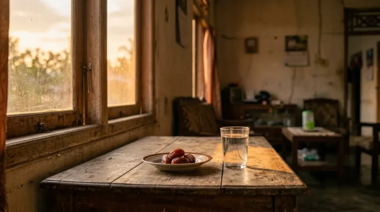 Tiga butir kurma dan segelas air putih di atas meja kayu klasik saat senja, menangkap kesederhanaan suasana buka puasa Ramadan yang khusyuk