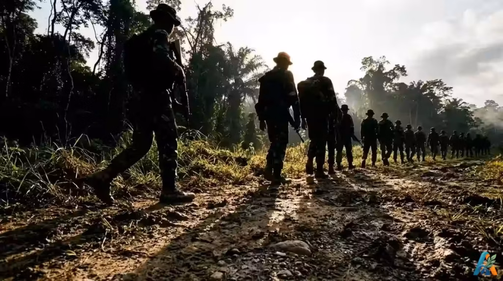 Siluet barisan tentara berjalan di jalan berlumpur di pinggir hutan saat matahari pagi, fokus pada jejak kaki, gaya dokumenter