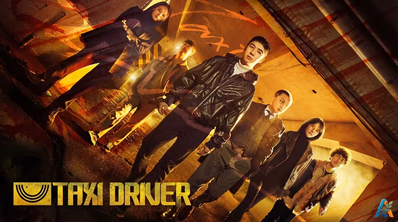 Poster promosi drama Korea Taxi Driver Season 1 menampilkan Lee Je-hoon dan tim Rainbow Taxi dalam suasana aksi misterius.