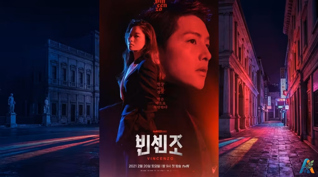 Poster drama Korea Vincenzo menampilkan Song Joong-ki dan Jeon Yeo-been dalam nuansa merah dan hitam yang dramatis dan penuh intrik.