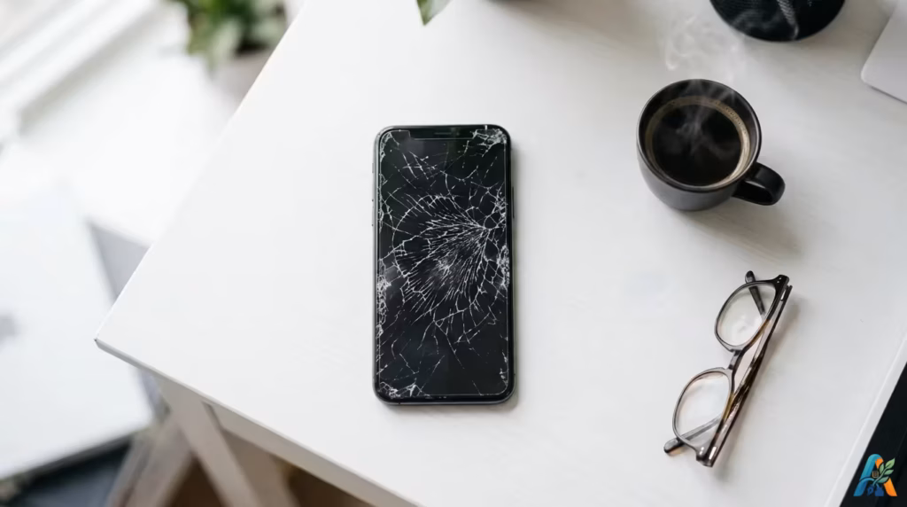 Smartphone dengan layar retak di atas meja putih, menggambarkan ancaman peretasan dan teror digital terhadap kebebasan berpendapat