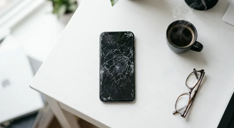 Smartphone dengan layar retak di atas meja putih, menggambarkan ancaman peretasan dan teror digital terhadap kebebasan berpendapat