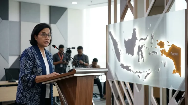 enteri Keuangan Sri Mulyani Indrawati saat memberikan keterangan resmi mengenai kebijakan fiskal, dengan latar belakang desain modern yang merepresentasikan transparansi pemerintah di Indonesia.