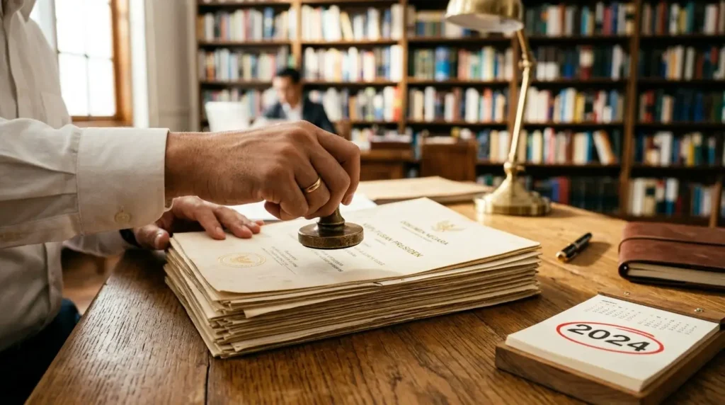 Menjaga Otoritas di Tahun Politik: Proses penandatanganan dokumen kenegaraan penting di atas meja solid dengan stempel perunggu berat, menandai langkah serius di tahun 2024.