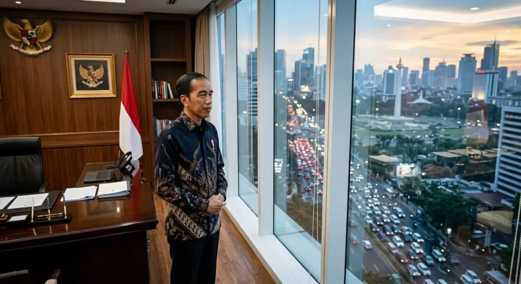 Presiden Joko Widodo berdiri menatap pemandangan kota Jakarta dari balik jendela kantor dengan suasana kepemimpinan yang tegas dan kontemplatif.