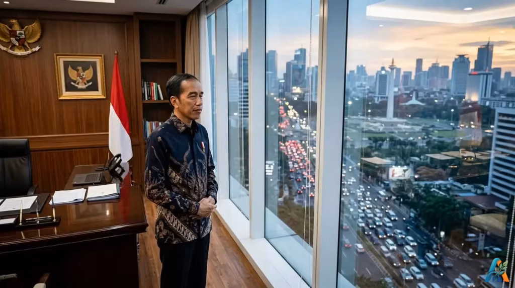 Presiden Joko Widodo berdiri menatap pemandangan kota Jakarta dari balik jendela kantor dengan suasana kepemimpinan yang tegas dan kontemplatif.