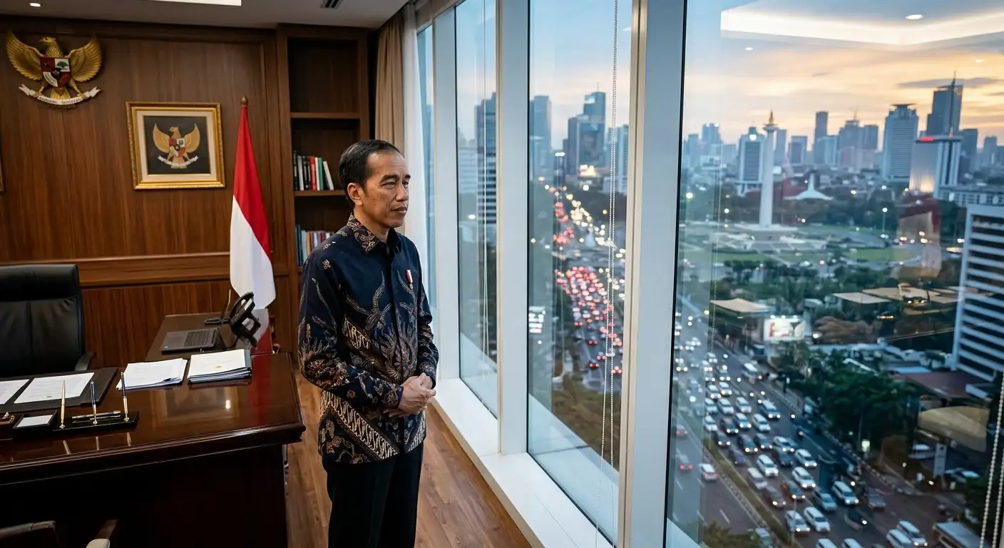 Presiden Joko Widodo berdiri menatap pemandangan kota Jakarta dari balik jendela kantor dengan suasana kepemimpinan yang tegas dan kontemplatif.