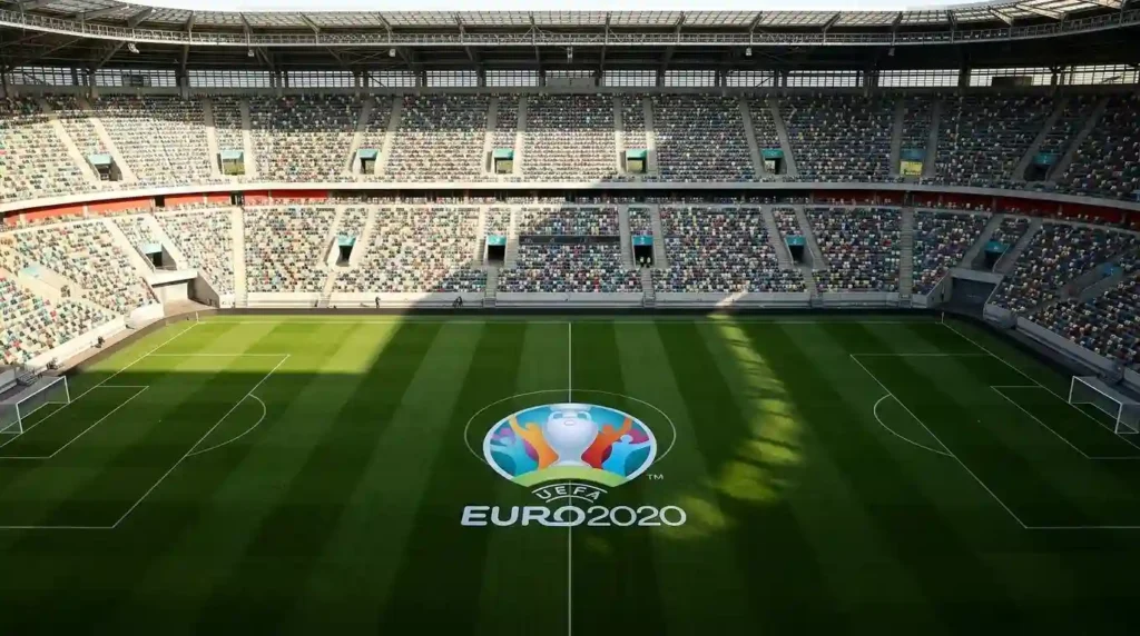 Stadion sepak bola dengan penonton yang dibatasi dan kursi kosong, menggambarkan penyelenggaraan turnamen olahraga di masa pandemi