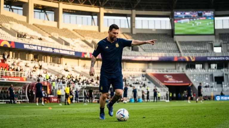 Lionel Messi dalam sesi latihan dengan latar belakang stadion modern di Indonesia, memancarkan fokus dan dedikasi tinggi jelang laga final.