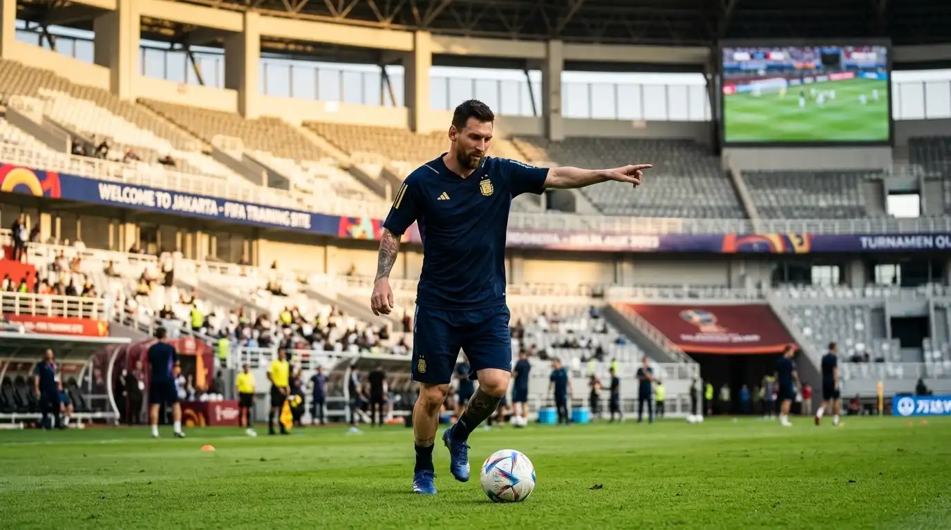 Lionel Messi dalam sesi latihan dengan latar belakang stadion modern di Indonesia, memancarkan fokus dan dedikasi tinggi jelang laga final.