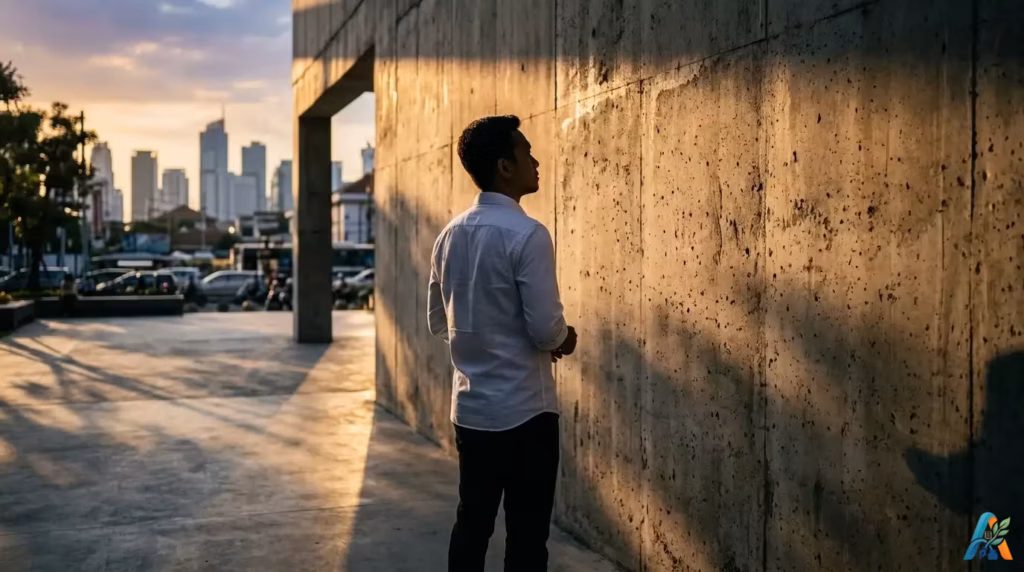 Seorang pria menatap ke depan di depan dinding beton industrial modern, melambangkan refleksi mendalam terhadap kondisi ekonomi saat ini.