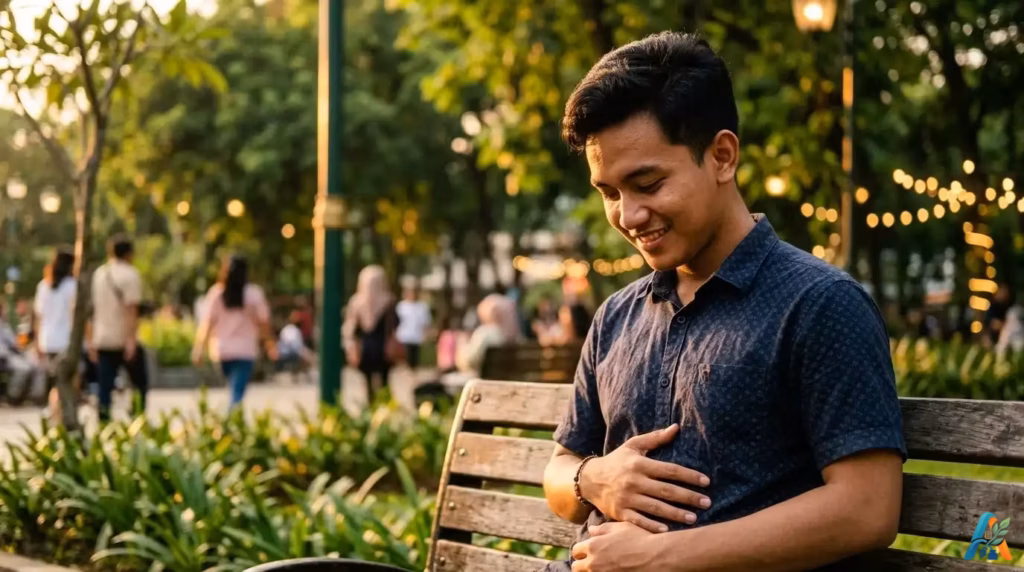 Pemuda duduk di taman kota Indonesia saat senja, memegang perut dengan ekspresi gugup, merepresentasikan fenomena biologis "kupu-kupu di perut" saat mengalami emosi intens.