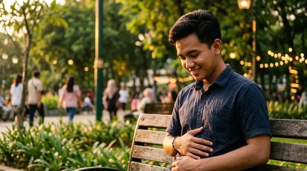 Pemuda duduk di taman kota Indonesia saat senja, memegang perut dengan ekspresi gugup, merepresentasikan fenomena biologis "kupu-kupu di perut" saat mengalami emosi intens.