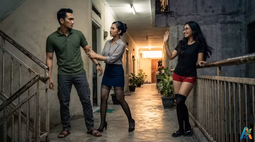 Ketegangan di selasar kos: seorang pria ditarik oleh wanita berbaju abu-abu, sementara wanita berkacamata melambai padanya.