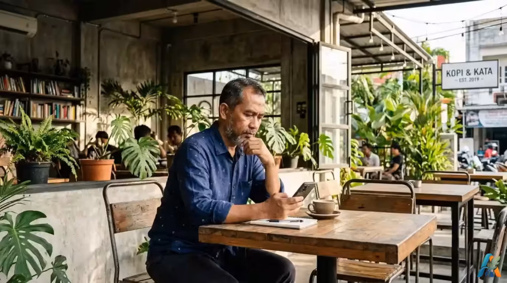 Saiful Mahdi dalam setting kafe modern di Banda Aceh, mencerminkan keteguhan dan refleksi atas kebebasan berpendapat di era digital.