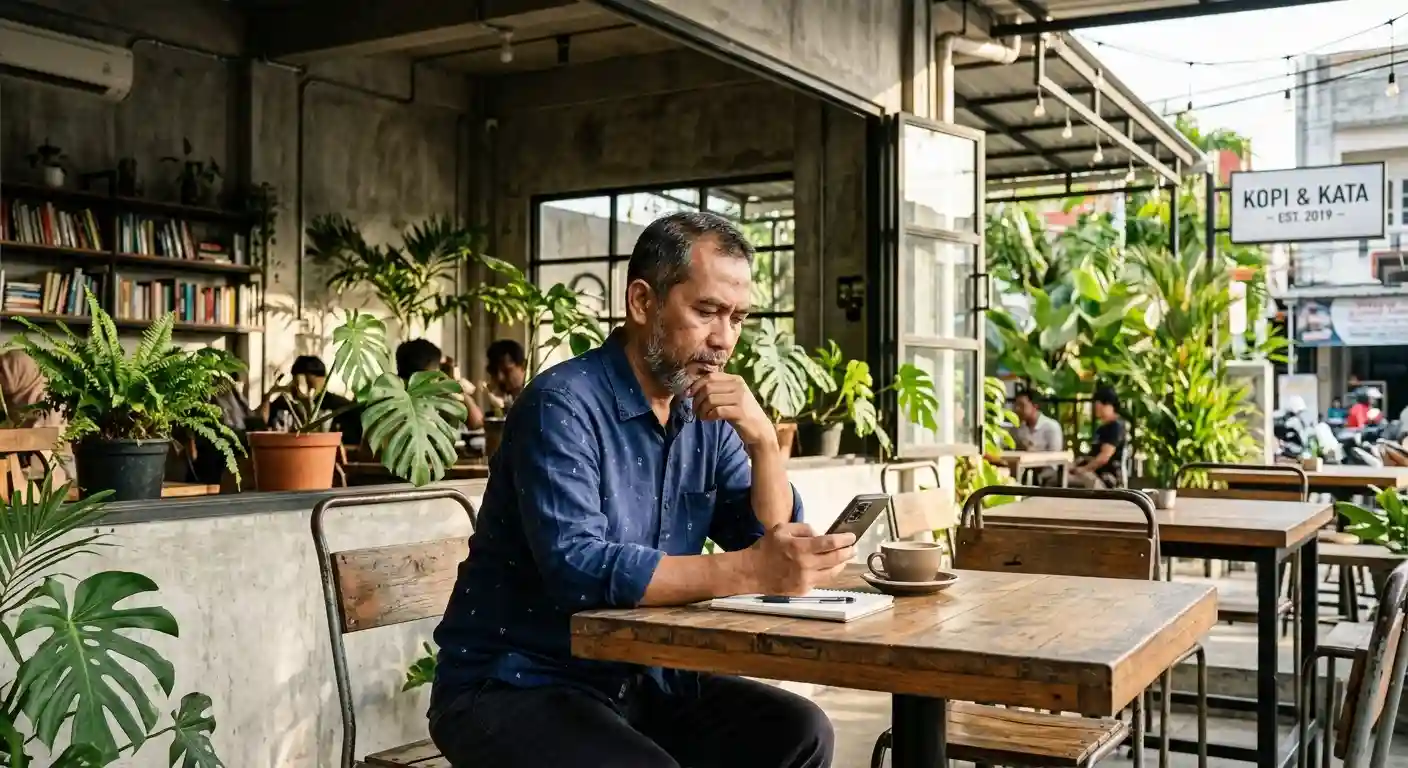Saiful Mahdi dalam setting kafe modern di Banda Aceh, mencerminkan keteguhan dan refleksi atas kebebasan berpendapat di era digital.