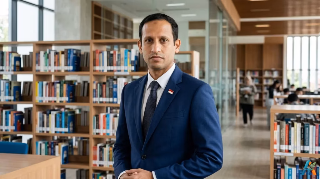 Potret generatif pria berjas dengan pin Indonesia, berdiri di perpustakaan modern, menampilkan ekspresi serius untuk konteks regulasi pendidikan.