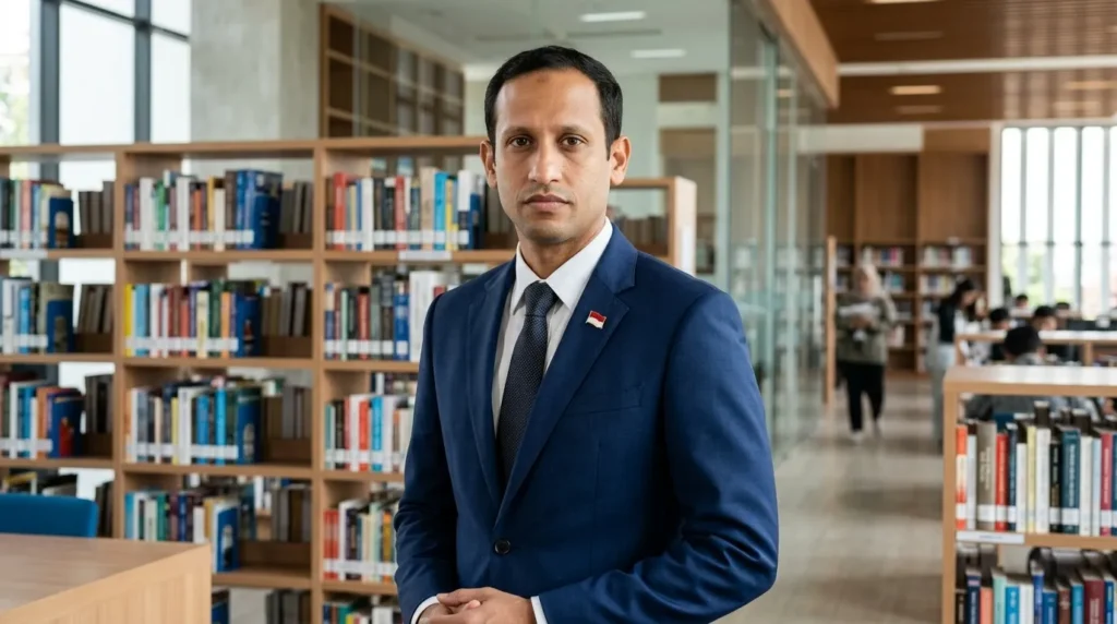Potret generatif pria berjas dengan pin Indonesia, berdiri di perpustakaan modern, menampilkan ekspresi serius untuk konteks regulasi pendidikan.