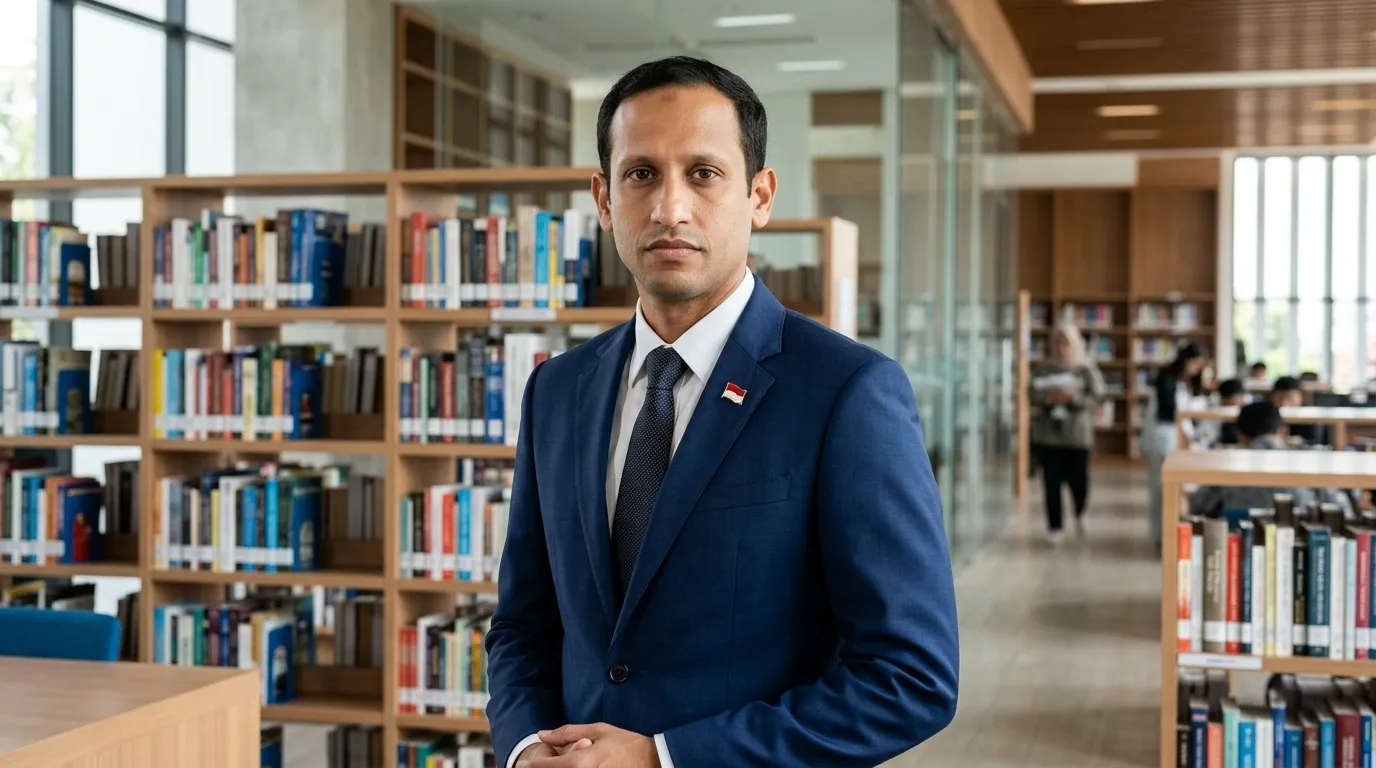 Potret generatif pria berjas dengan pin Indonesia, berdiri di perpustakaan modern, menampilkan ekspresi serius untuk konteks regulasi pendidikan.