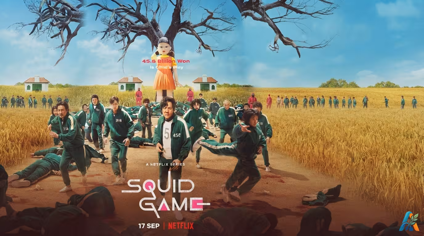 Poster serial Netflix Squid Game dengan karakter utama memakai seragam hijau di depan boneka raksasa dan latar belakang ladang gandum.