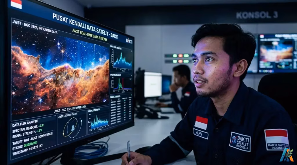 Seorang insinyur di pusat kendali satelit Jakarta menatap data visual teleskop James Webb, melambangkan harapan manusia akan kemajuan sains di tengah krisis.