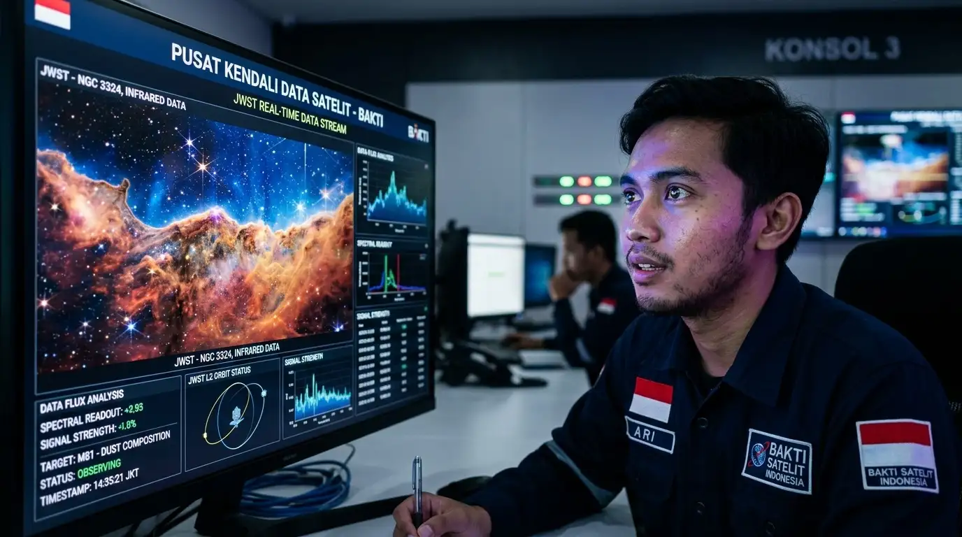 Seorang insinyur di pusat kendali satelit Jakarta menatap data visual teleskop James Webb, melambangkan harapan manusia akan kemajuan sains di tengah krisis.