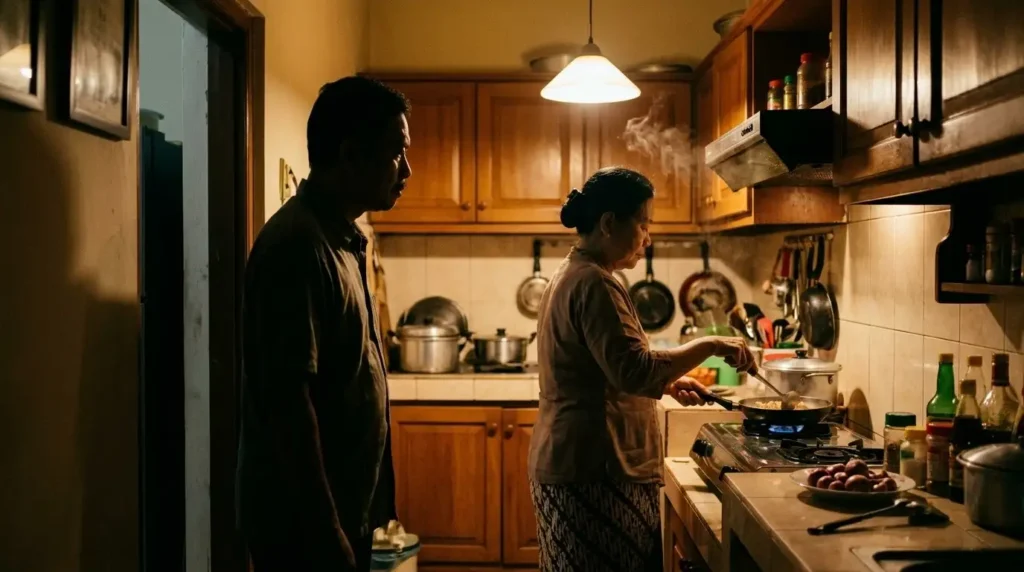 Dalam sunyi dapur rumah, ada kata-kata yang tak terucap. Sebuah momen kesalahpahaman yang tertangkap lensa, saat jarak terasa lebih jauh meski berada di ruang yang sama.