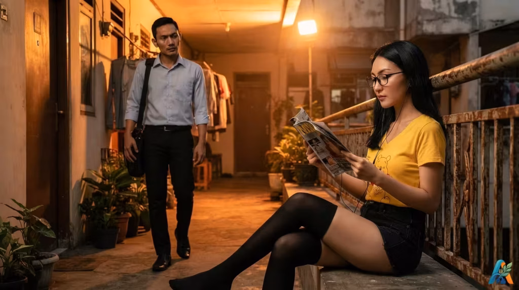 Tirta berjalan gontai di koridor kos saat sore, menatap Listy yang duduk membaca majalah di dekat pagar pembatas.