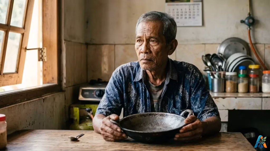 Seorang bapak menatap wajan kosong di dapur, merepresentasikan beban ekonomi dan kenaikan harga kebutuhan pokok selama Ramadan di Indonesia.