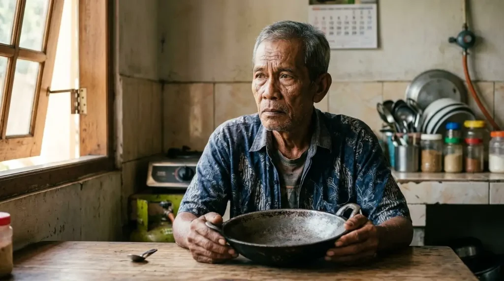 Seorang bapak menatap wajan kosong di dapur, merepresentasikan beban ekonomi dan kenaikan harga kebutuhan pokok selama Ramadan di Indonesia.
