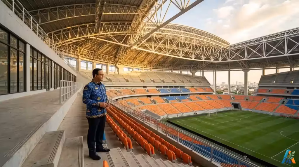 Anies Baswedan berdiri di tribun Jakarta International Stadium (JIS), merepresentasikan legacy infrastruktur olahraga di tengah tantangan pemeliharaan jangka panjang.